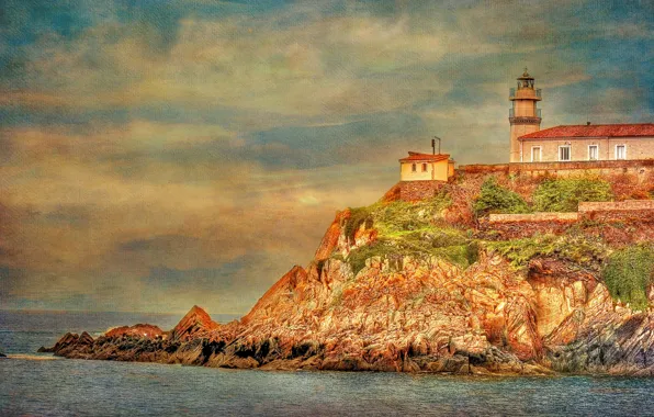 Sea, the sky, clouds, sunset, rock, lighthouse, canvas, Cape
