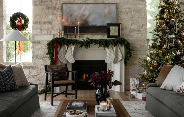Decoration, lights, heat, room, tree, chair, candles, Christmas