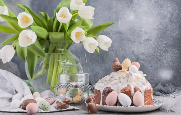 Holiday, eggs, Easter, tulips, cake