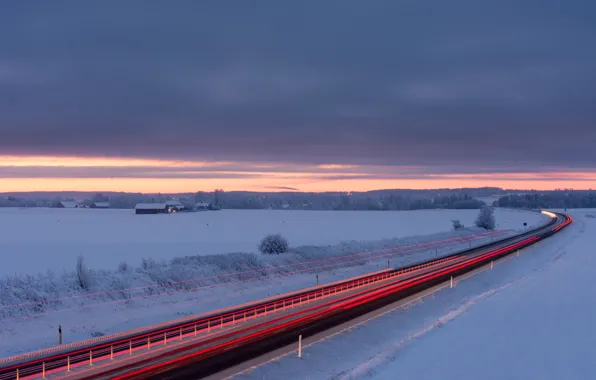 Winter, road, field, the sky, snow, clouds, dawn, morning