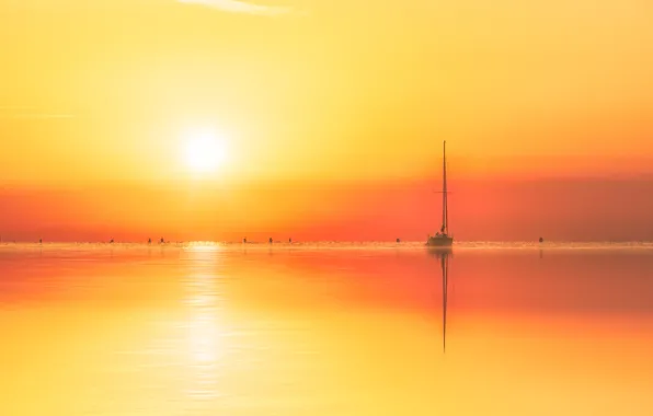 Sea, the sky, the sun, light, sunset, dawn, ship, sailboat