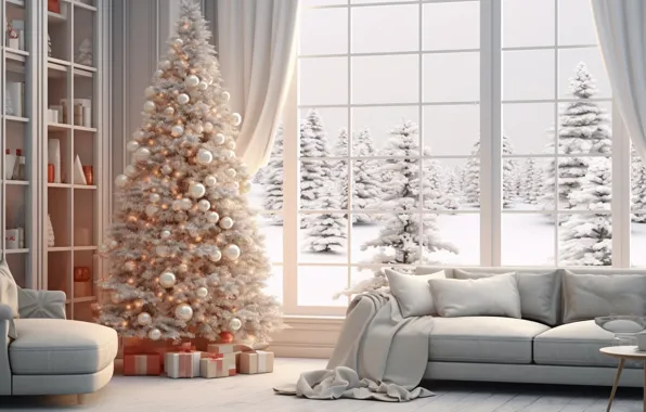 Winter, snow, decoration, house, room, sofa, balls, tree