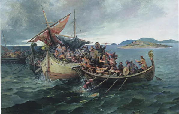 Sea, man, viking, shield, warrior, pearls, spear, honor