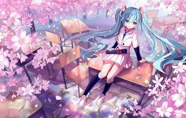 Sakura, chair, vocaloid, hatsune miku, Golf, flowering, school uniform, Vocaloid