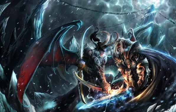 Picture snow, rocks, the demon, art, horns, battle, WarCraft 3, TFT