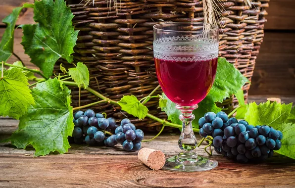 Leaves, wine, red, glass, grapes
