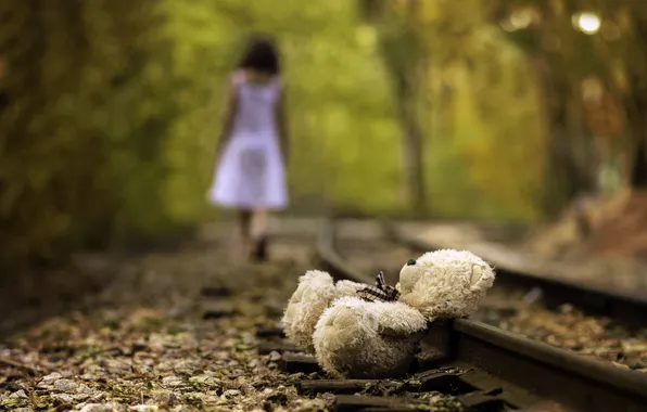 Picture mood, toy, rails, bear, girl
