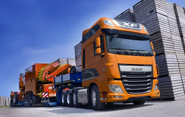 Orange, DAF, tractor, DAF, Super Space Cab, the trailer, 8x4, Euro6