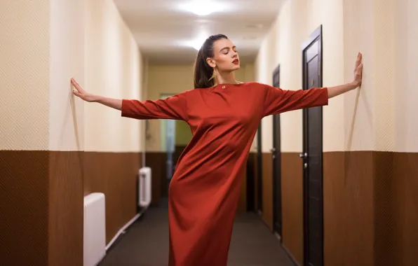 Girl, pose, dress, corridor
