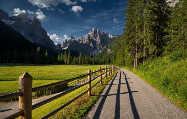 Road, forest, mountains, the fence, valley, meadow, Italy, Italy