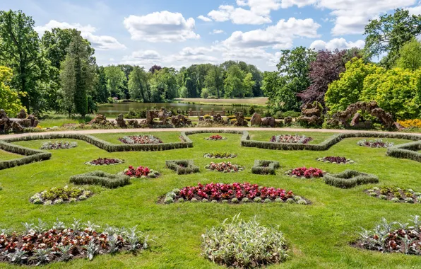 Greens, the sky, grass, the sun, clouds, trees, flowers, design