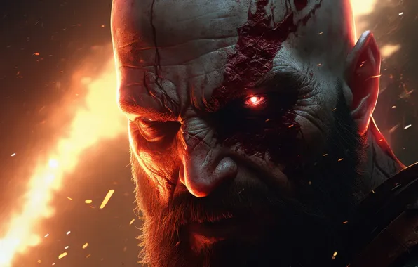 Fire, red, god of war, weapon, kratos, sony, red eyes, snow