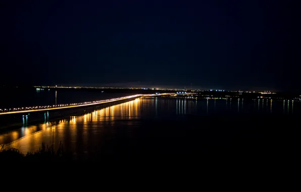 Landscape, night, bridge, the city, lights, river, night city, Volga