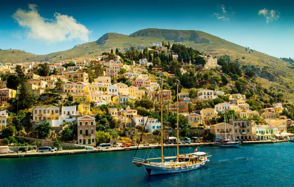 Sea, mountains, coast, home, yacht, Greece, Bay, Sunny