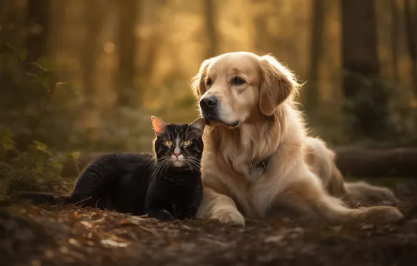 Autumn, forest, cat, cat, look, light, trees, nature