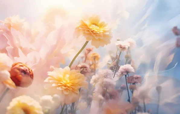 Flowers, stems, smoke, blur, yellow, couples, haze, gentle