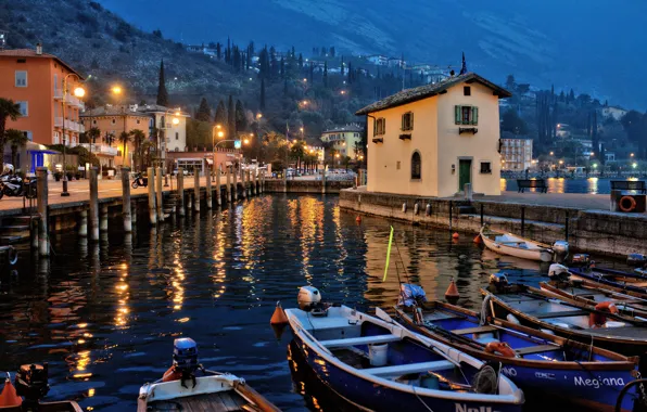 Picture landscape, nature, lights, lake, Marina, home, boats, the evening