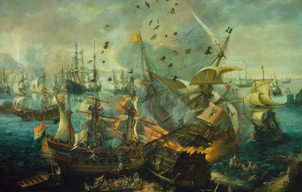 Ship, oil, picture, sail, canvas, battle, Cornelis Claes van Wieringen, The Explosion Of The Spanish …