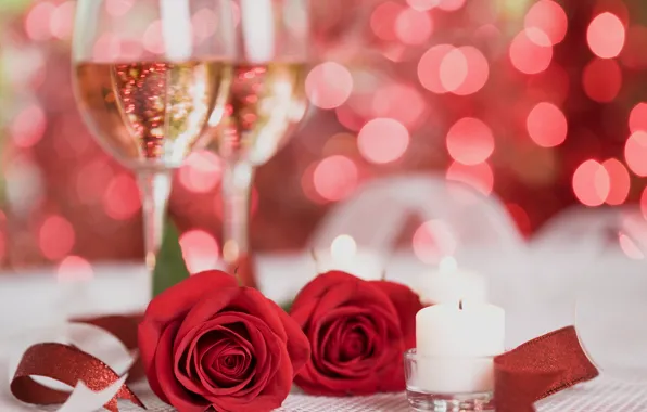 Flowers, red, roses, candles, champagne