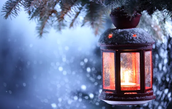 Picture winter, snow, candle, lantern, New year, new year, winter, snow