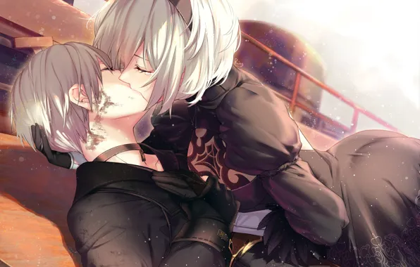 Picture passion, kiss, hugs, tears, white hair, black suit, a pair of lovers, yorha unit no. …