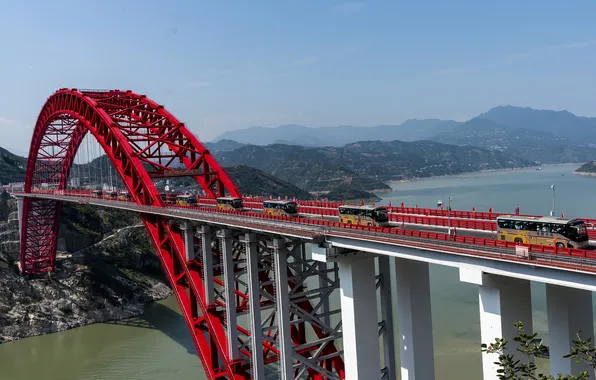 The sky, clouds, landscape, mountains, bridge, nature, river, horizon