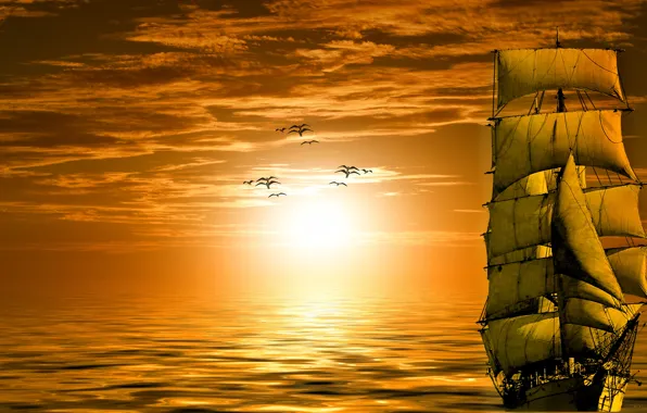 Sea, the sky, sunset, birds, rendering, ship, seagulls, sailboat