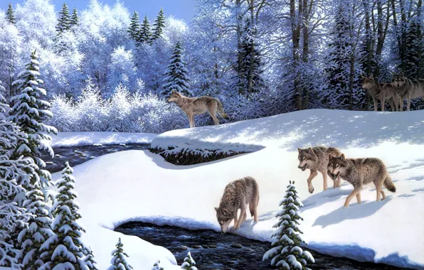 Winter, frost, animals, snow, river, wolves, painting, tree