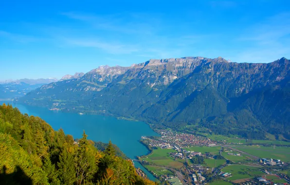 Mountains, lake, Switzerland, panorama, town, the view from the top, Unterseen