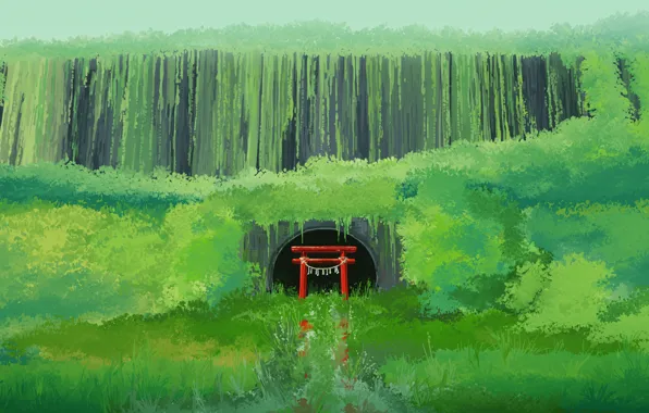 Greens, water, torii, abandoned
