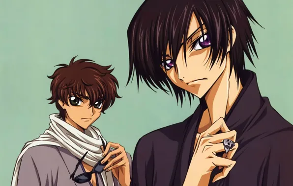Scarf, glasses, ring, code geass, two guys, suzaku kururugi, lelouche lamperouge, by takahiro himura