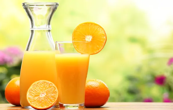 Glass, oranges, juice, slices, decanter