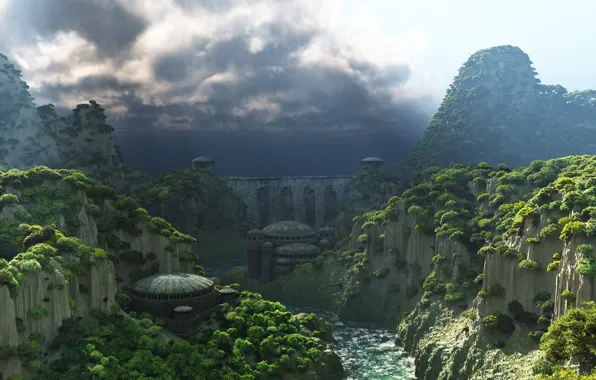 Picture house, river, sky, mountains, clouds, byzantine canyon