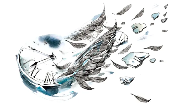 Feathers, Clock, watercolors