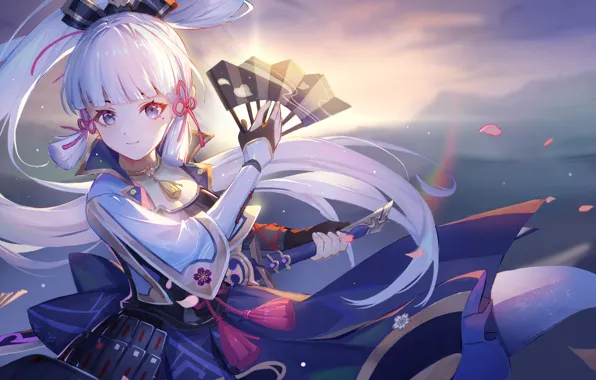 Picture girl, the sun, fan, Genshin Impact, Kamisato Ayaka