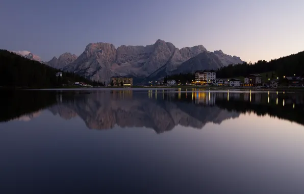 Picture the sky, mountains, lights, lake, the evening, resort, Alps