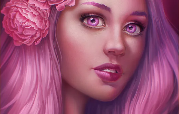 Girl, flowers, face, hair, pink, art, JuneJenssen