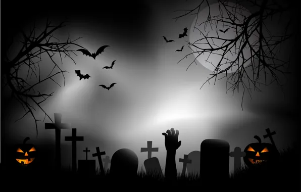 Night, The moon, Clouds, Pumpkin, Halloween, Halloween, Zombies, Cemetery