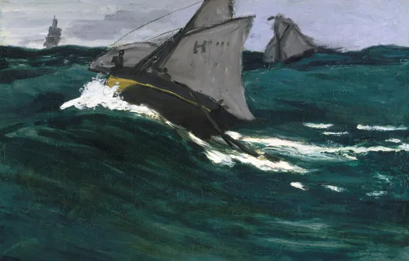 Picture sea, boat, picture, sail, seascape, Claude Monet, Green Wave
