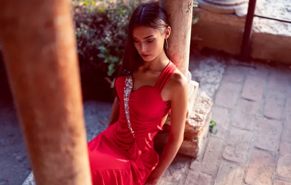 Girl, pose, columns, red dress, Marco Squassina, Elisa Moscatelli