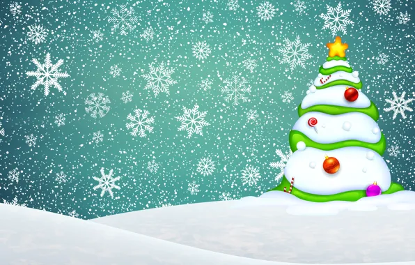 Minimalism, Snow, Christmas, Snowflakes, Background, New year, Tree, Holiday