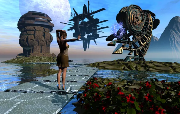 The sky, water, flowers, mountains, woman, planet, tower