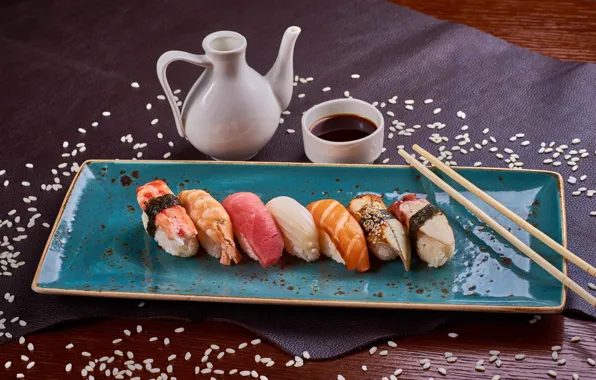 Fish, sauce, sushi, sesame