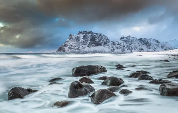 Sea, mountains, stones, coast, Norway, Norway, Lofoten, The Norwegian sea