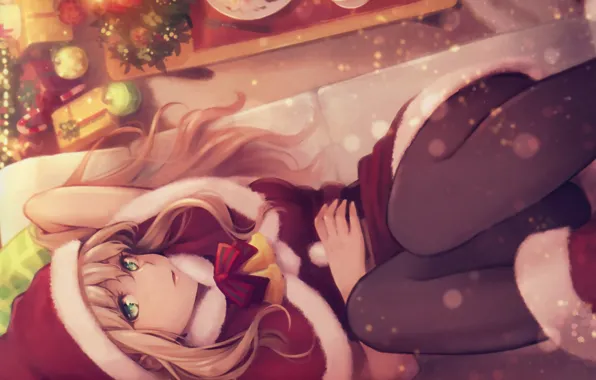 Lights, Christmas, girl, bells, in the room, art, cap, knees