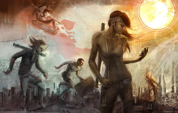 Girl, the sun, the city, figure, art, guys, skateboard, ivan tao