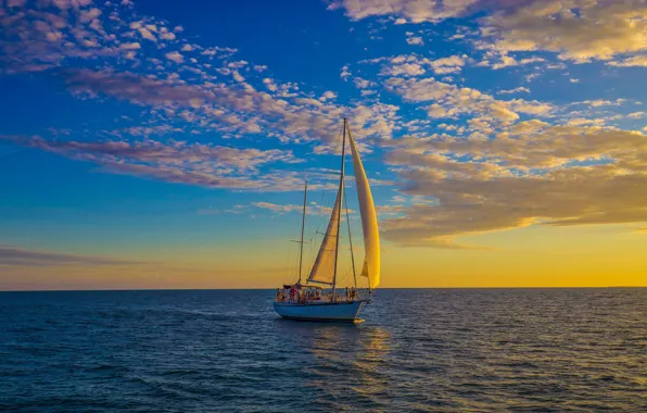 The sky, clouds, sunset, the ocean, yacht, The Atlantic ocean