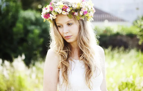 Girl, dress, eyes, lips, hair, crown of flowers