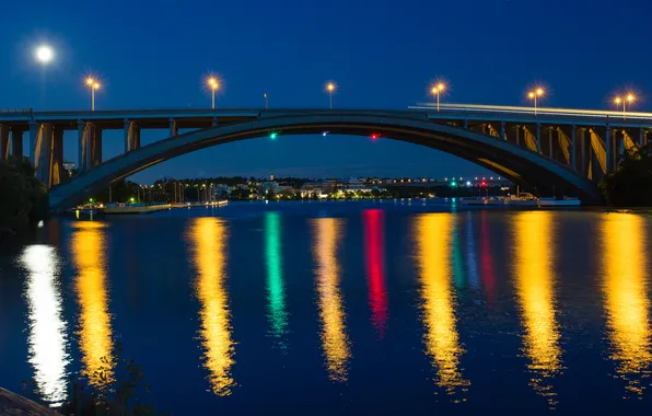 The sky, bridge, lights, reflection, river, home