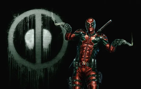 Picture background, mask, art, costume, deadpool, guns. weapons